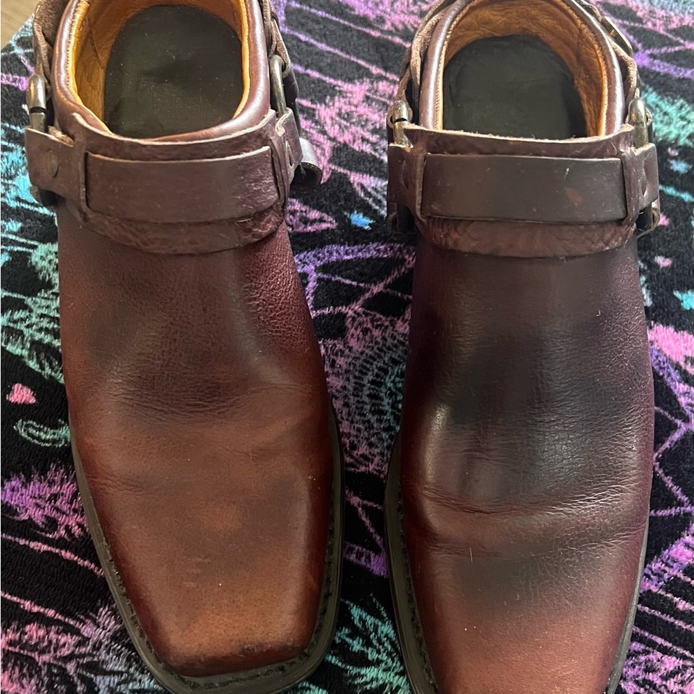 FRYE buckled harness leather mule booties. Size 7.5
